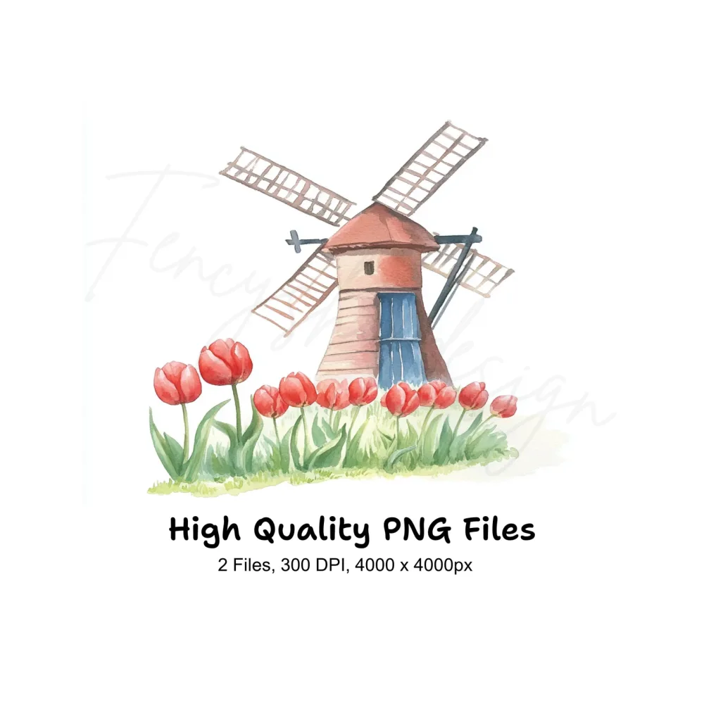 Dutch Windmills and Red Tulips Clipart Bundle
