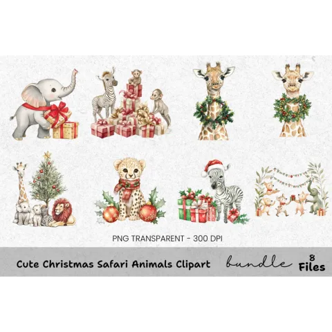 Christmas Safari Animals Clipart Bundle