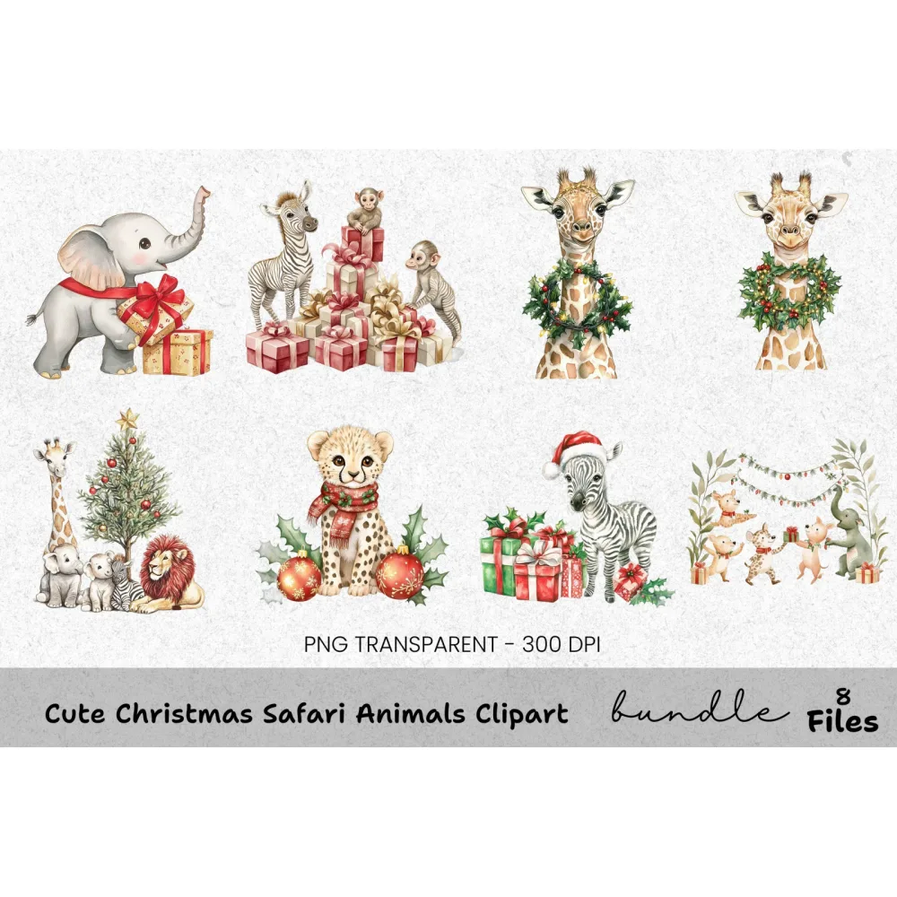 Christmas Safari Animals Clipart Bundle