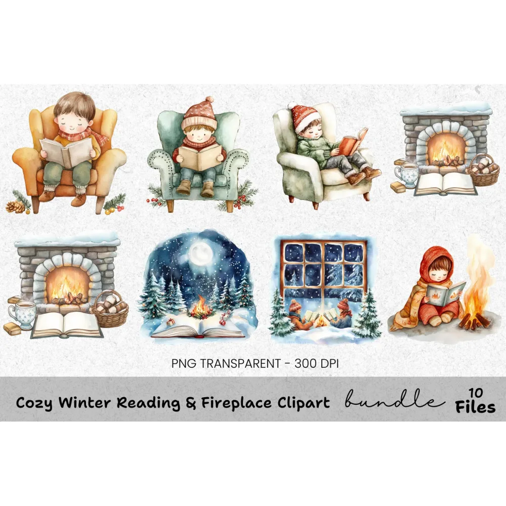 Cozy Winter Fireplace Reading Clipart Bundle