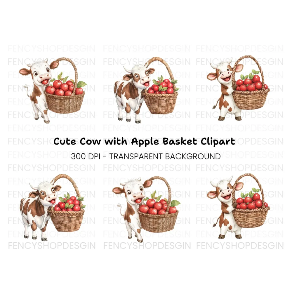 Cute Calf with Apple Basket Clipart Bundle