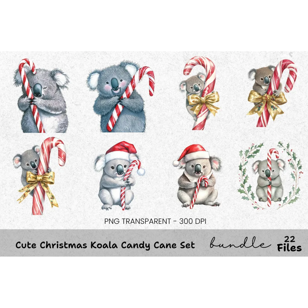 Christmas Koalas with Candy Canes Clipart Bundle