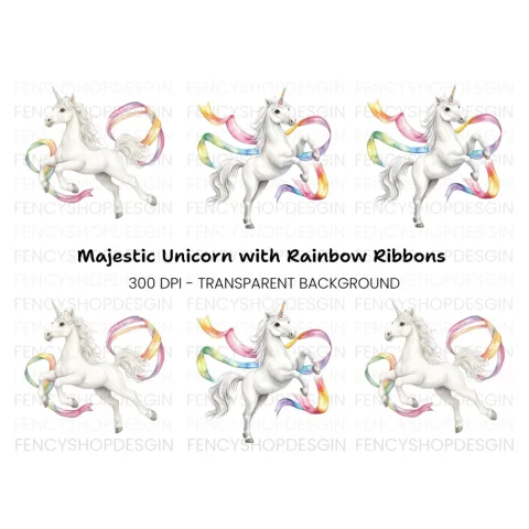 Majestic Unicorns with Rainbow Ribbons Clipart Bundle