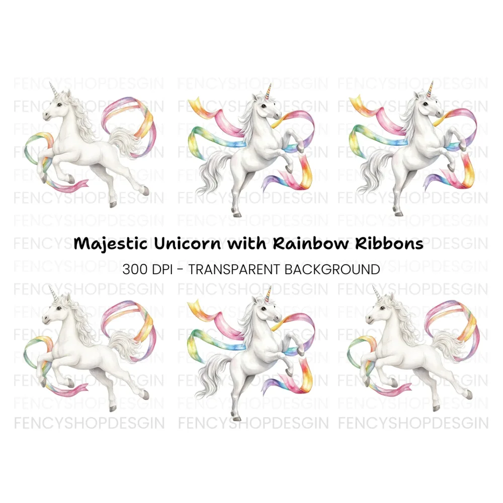 Majestic Unicorns with Rainbow Ribbons Clipart Bundle
