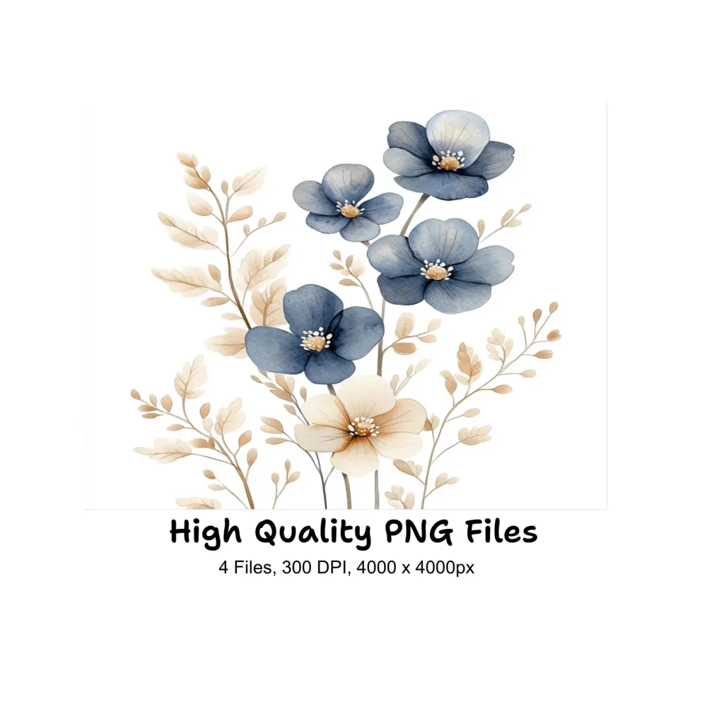 Rustic Blue and Brown Floral Clipart Bundle