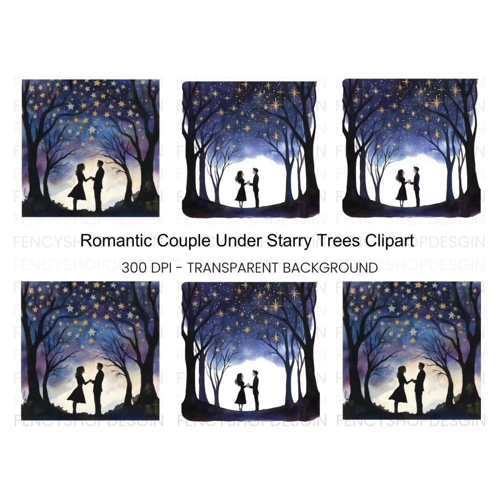 Romantic Couple Under Starry Trees Clipart Bundle