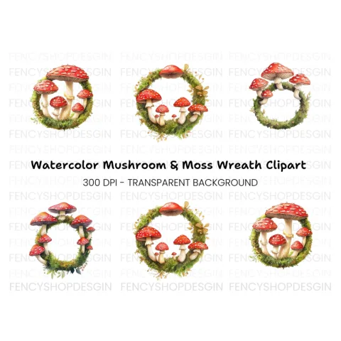 Amanita Mushroom Mossy Wreath Clipart Bundle