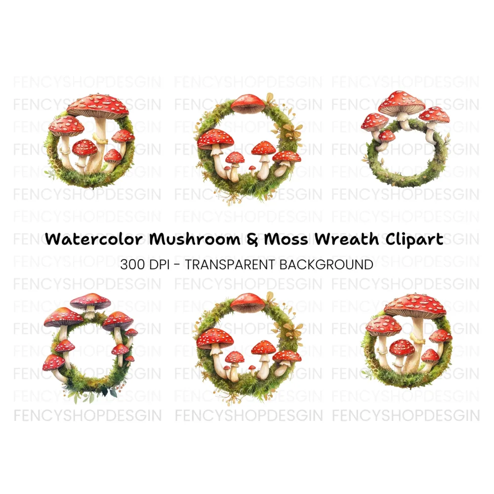 Amanita Mushroom Mossy Wreath Clipart Bundle