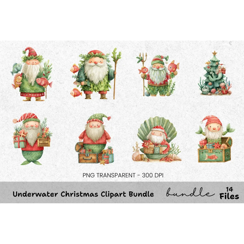Mermaid Christmas Tree Clipart Bundle