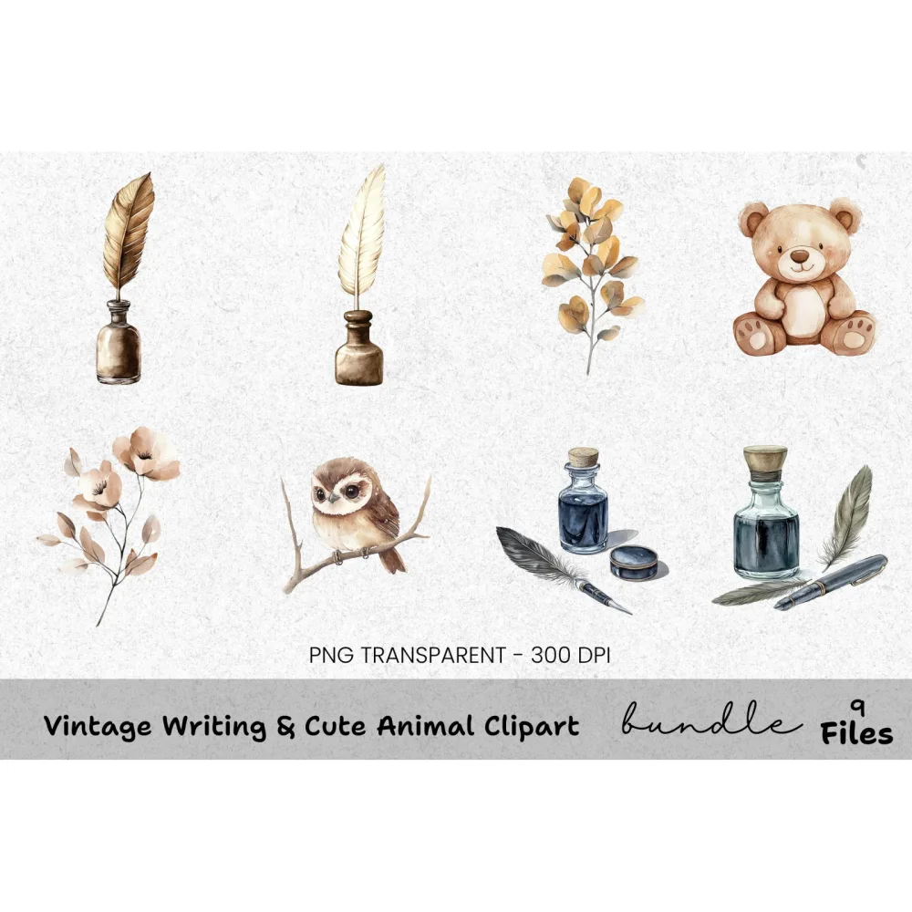 Vintage Cute Animal Writing Clipart Bundle