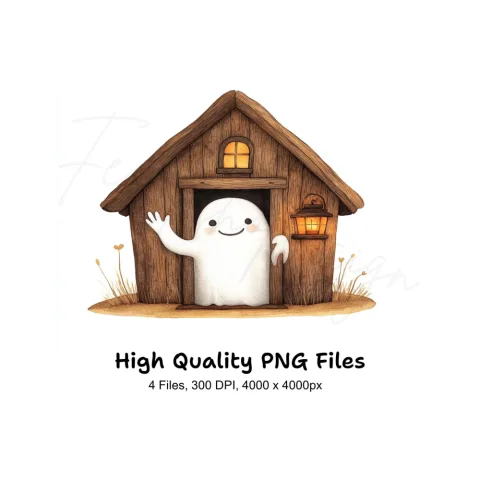 Cute Ghost in Wooden House Clipart Bundle