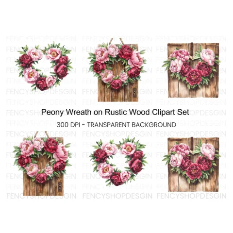 Peony Wreath and Wooden Door Clipart Bundle