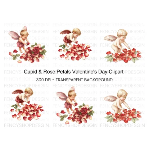 Baby Cupid Rose Petals Clipart Bundle