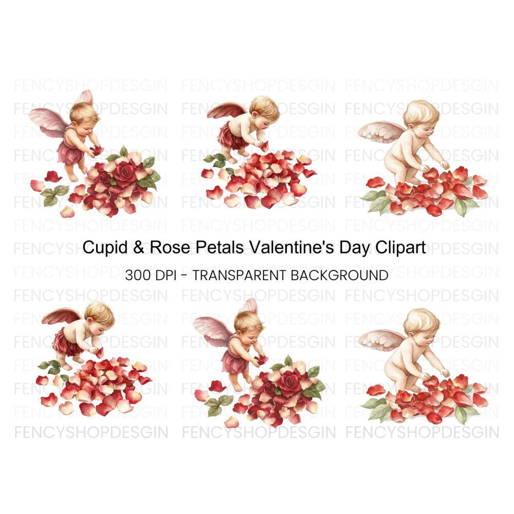 Baby Cupid Rose Petals Clipart Bundle