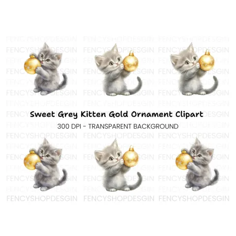 Gray Kittens Playing With Gold Ornaments Clipart Bundle
