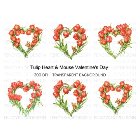 Tulip Heart with Cute Mouse Clipart Bundle