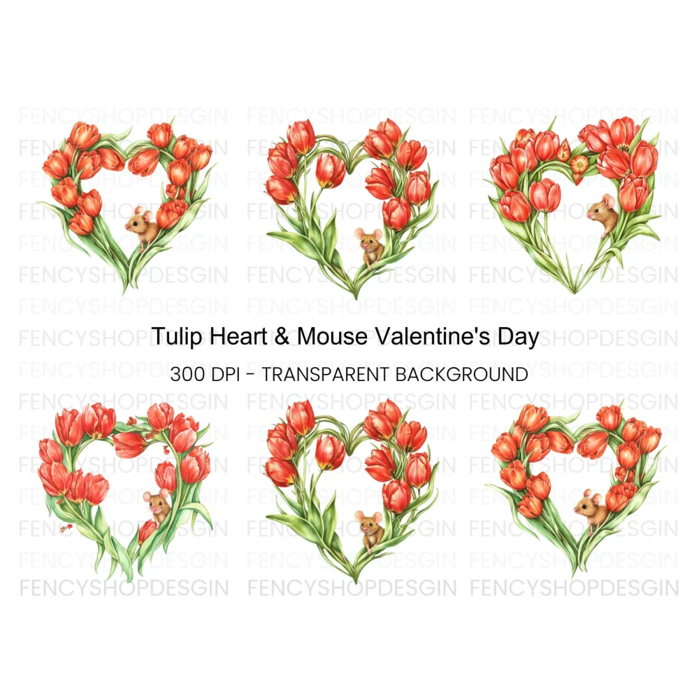 Tulip Heart with Cute Mouse Clipart Bundle