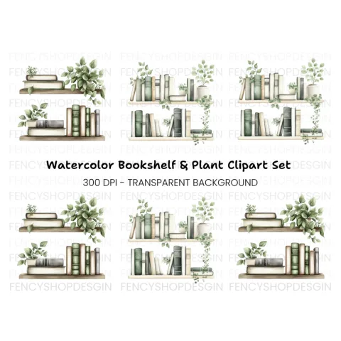 Aesthetic Bookshelf and Plant Clipart Bundle