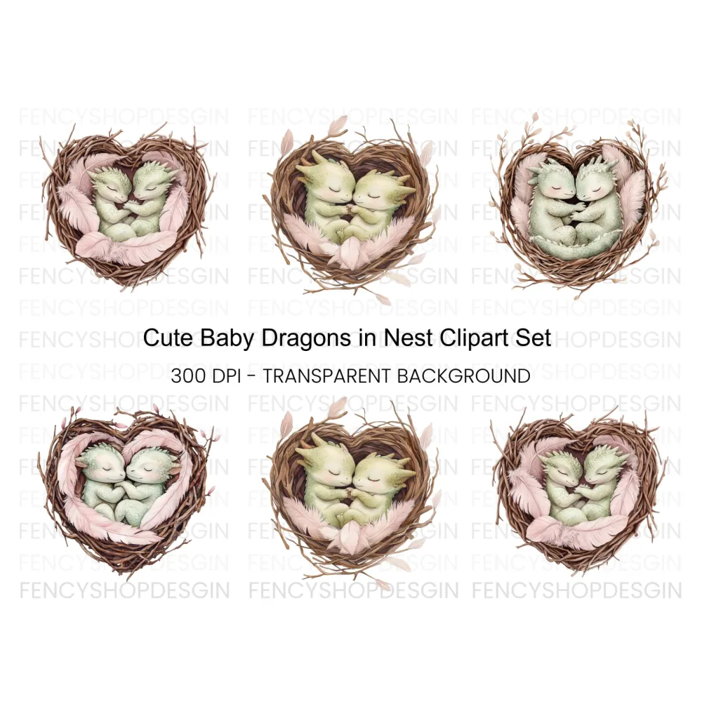 Cute Baby Dragon Nests Clipart Bundle