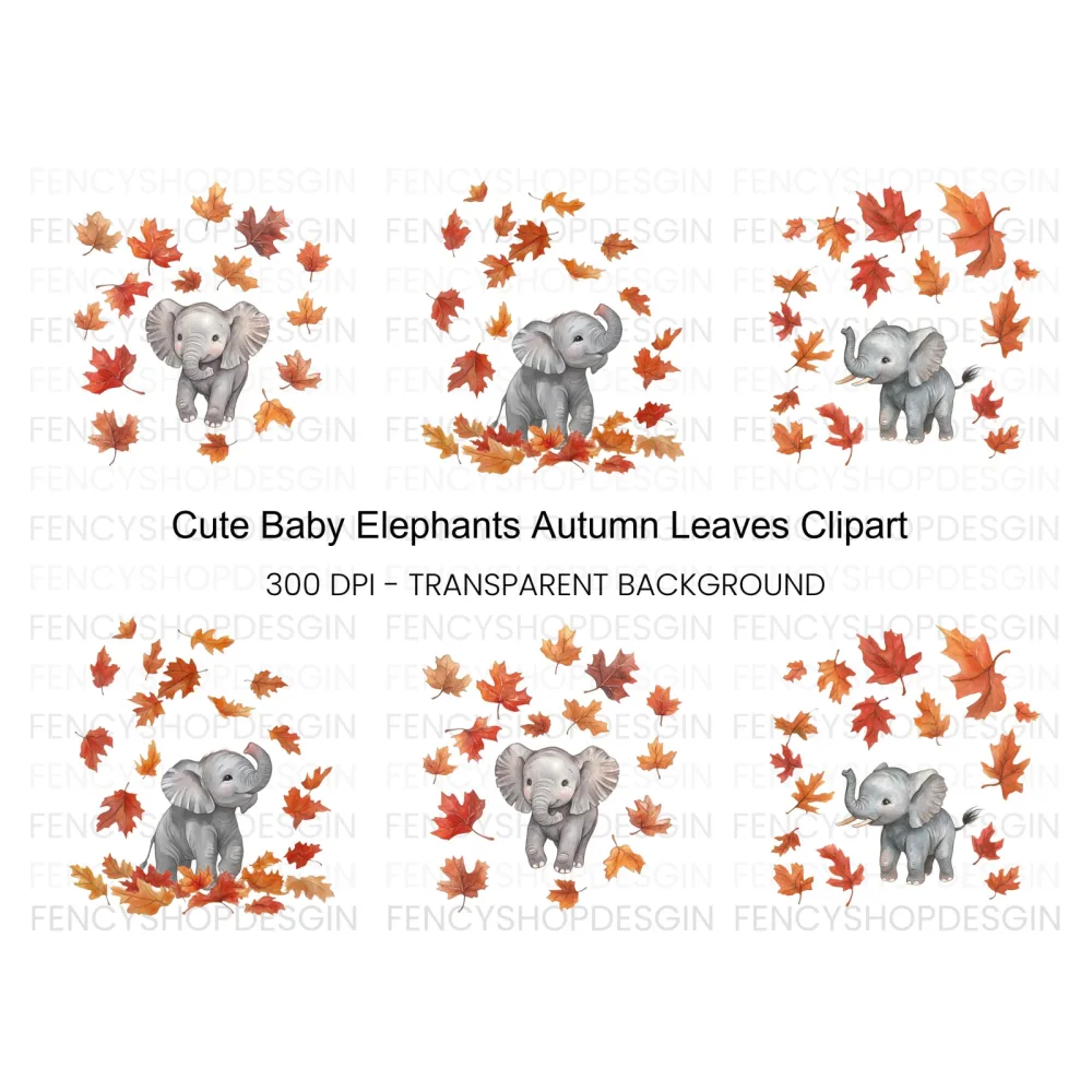 Baby Elephant Autumn Leaves Clipart Bundle