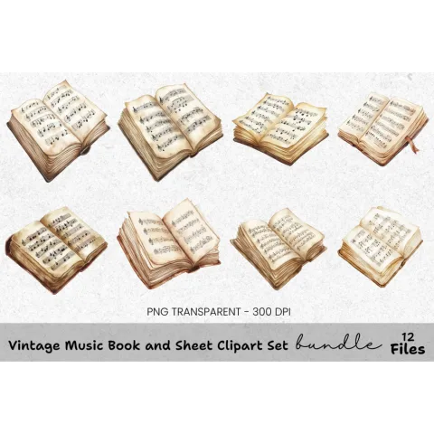 Vintage Music Book and Sheet Clipart Bundle