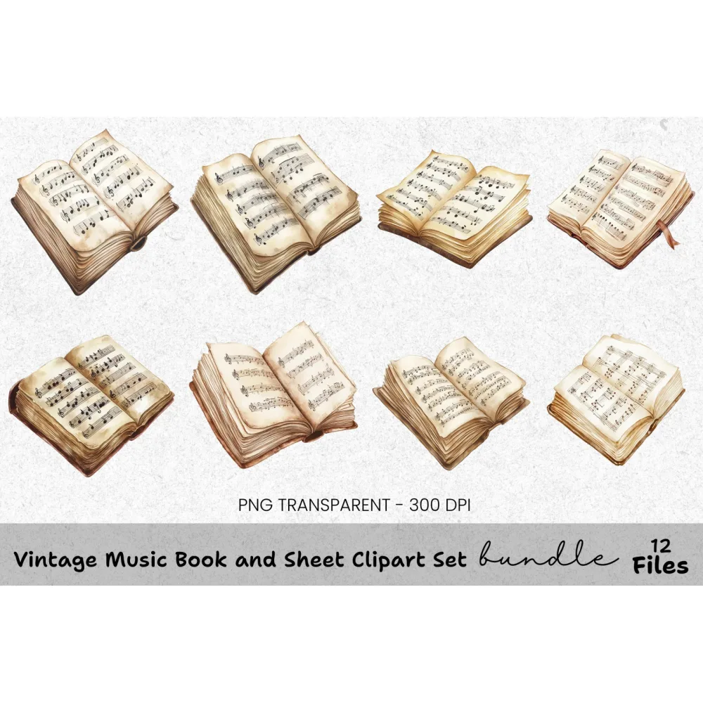 Vintage Music Book and Sheet Clipart Bundle