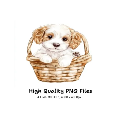 Cute Puppy in Basket Clipart Bundle
