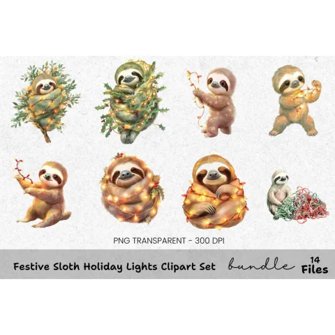 Cute Christmas Sloths Clipart Bundle