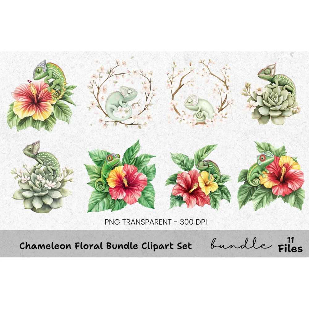 Chameleon Floral Clipart Bundle