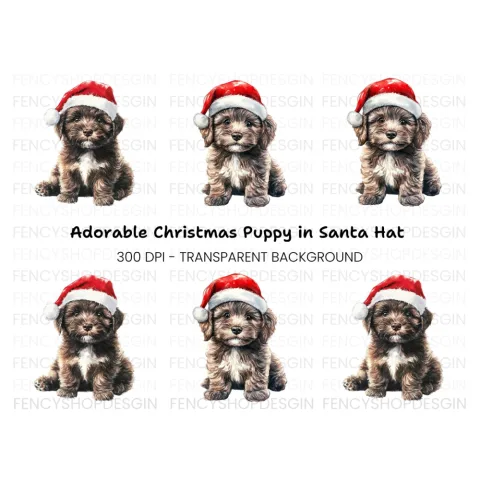 Cute Christmas Puppies with Santa Hats Clipart Bundle