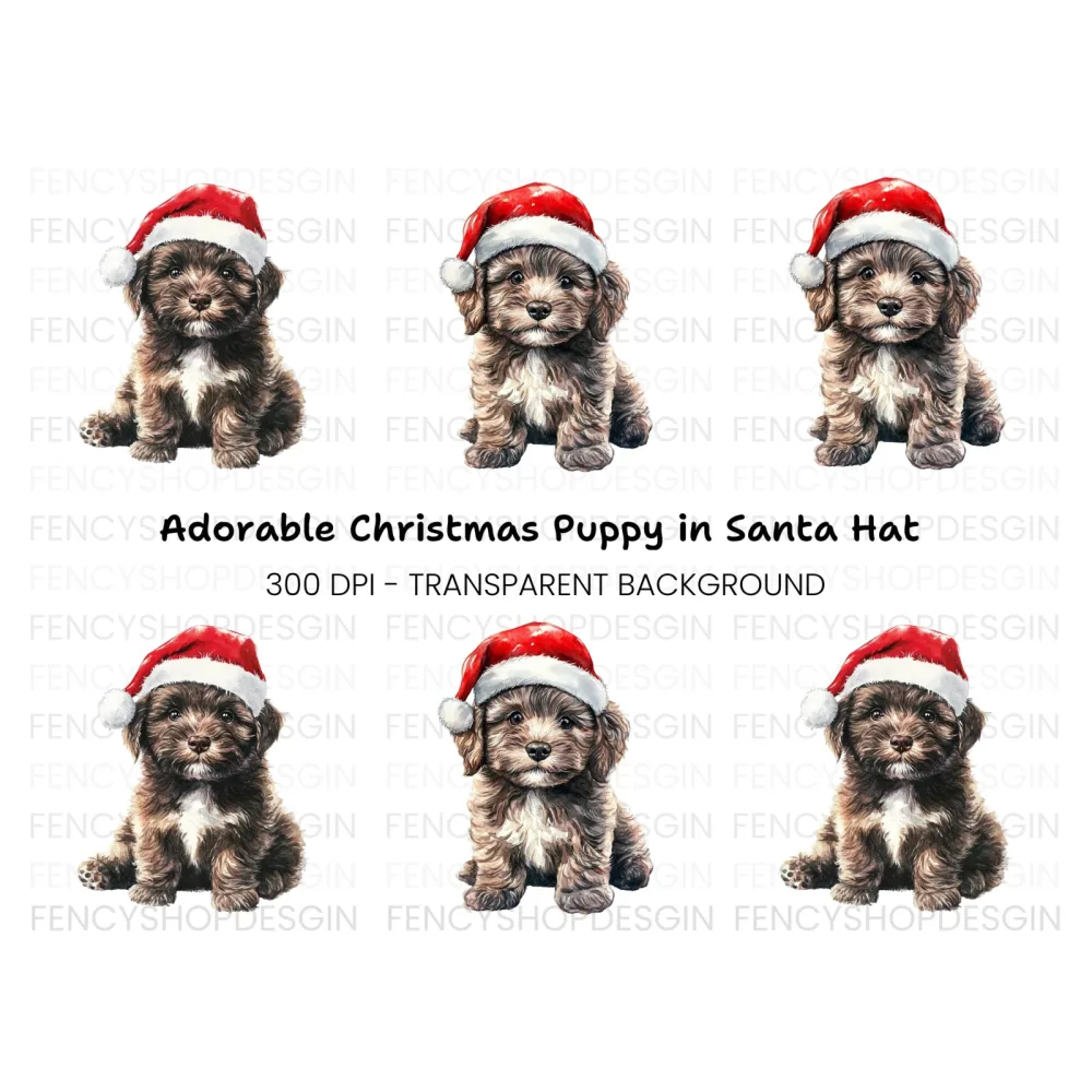 Cute Christmas Puppies with Santa Hats Clipart Bundle