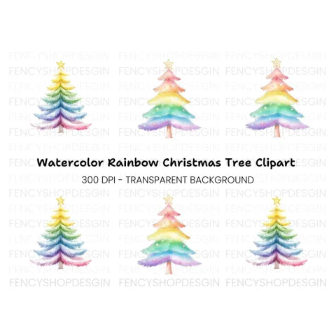 Pastel Rainbow Christmas Tree Clipart Bundle