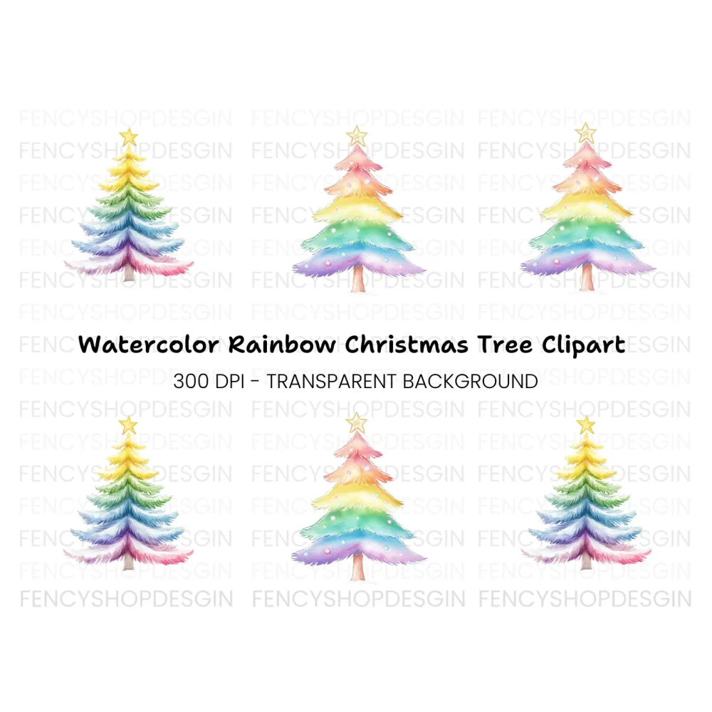 Pastel Rainbow Christmas Tree Clipart Bundle