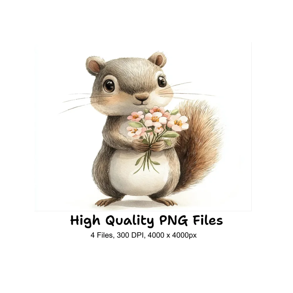 Cute Squirrels with Flower Bouquets Clipart Bundle