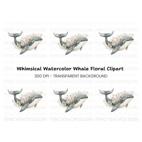 Whale with Flowers Clipart Bundle