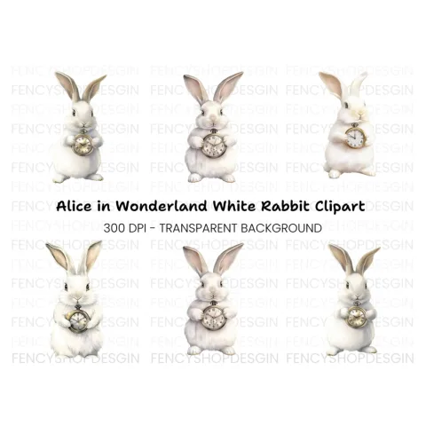 White Rabbit with Pocket Watch Clipart Bundle