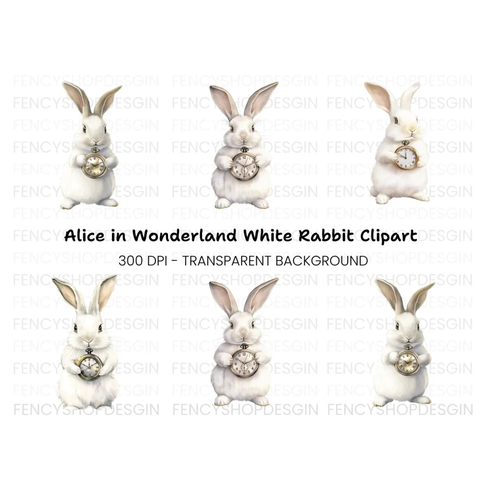 White Rabbit with Pocket Watch Clipart Bundle