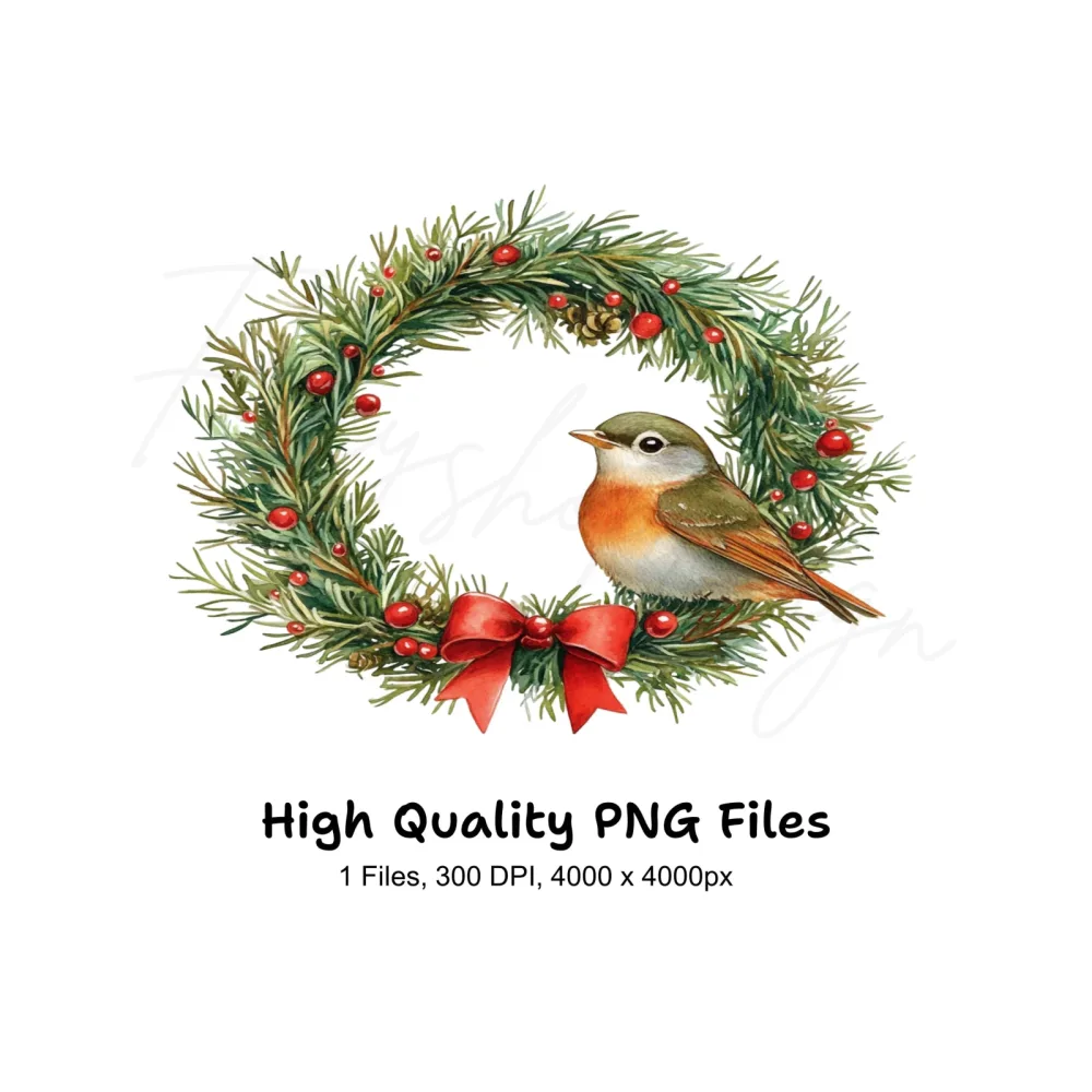 Christmas Bird in Pine Wreath Clipart Bundle