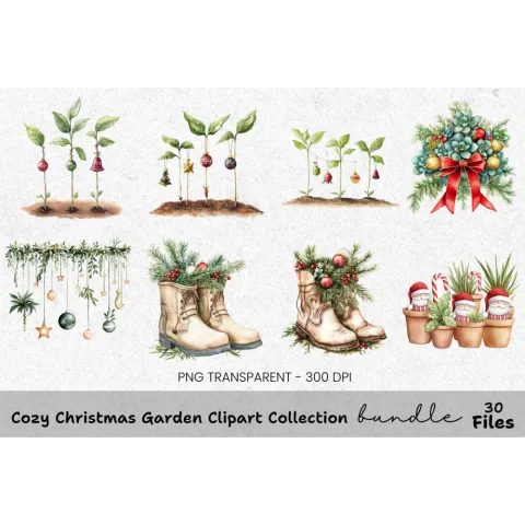 Rustic Christmas Boots Garden Clipart Bundle