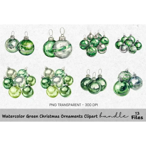 Green Christmas Ornaments Clipart Bundle