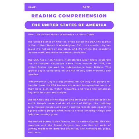 USA Reading Comprehension Worksheet