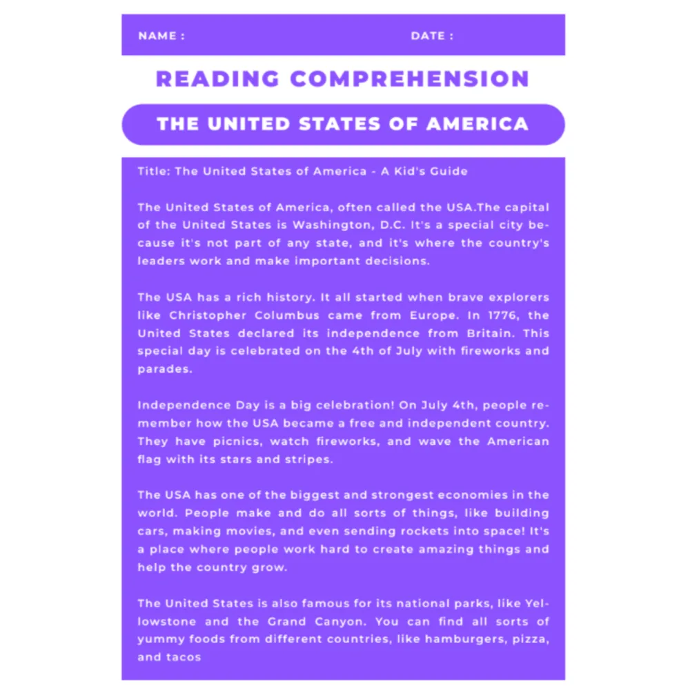 USA Reading Comprehension Worksheet