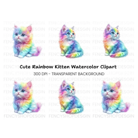 Fluffy Rainbow Kittens Clipart Bundle