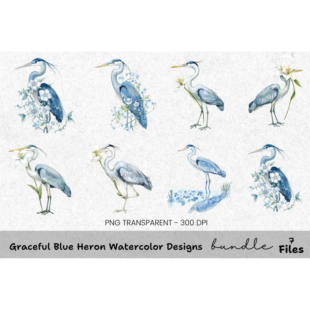 Graceful Blue Heron Designs Clipart Bundle