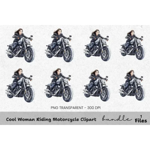 Cool Woman Riding Motorcycle Clipart Bundle