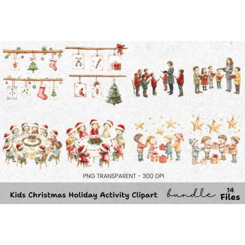 Kids Decorating Christmas Tree Clipart Bundle