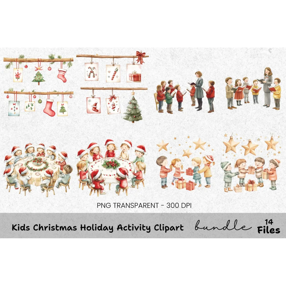 Kids Decorating Christmas Tree Clipart Bundle
