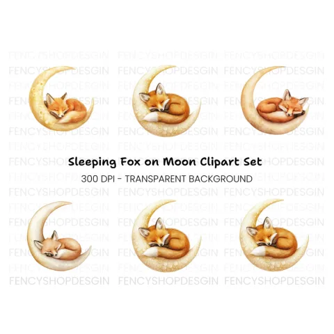 Three Sleeping Foxes on Moon Clipart Bundle