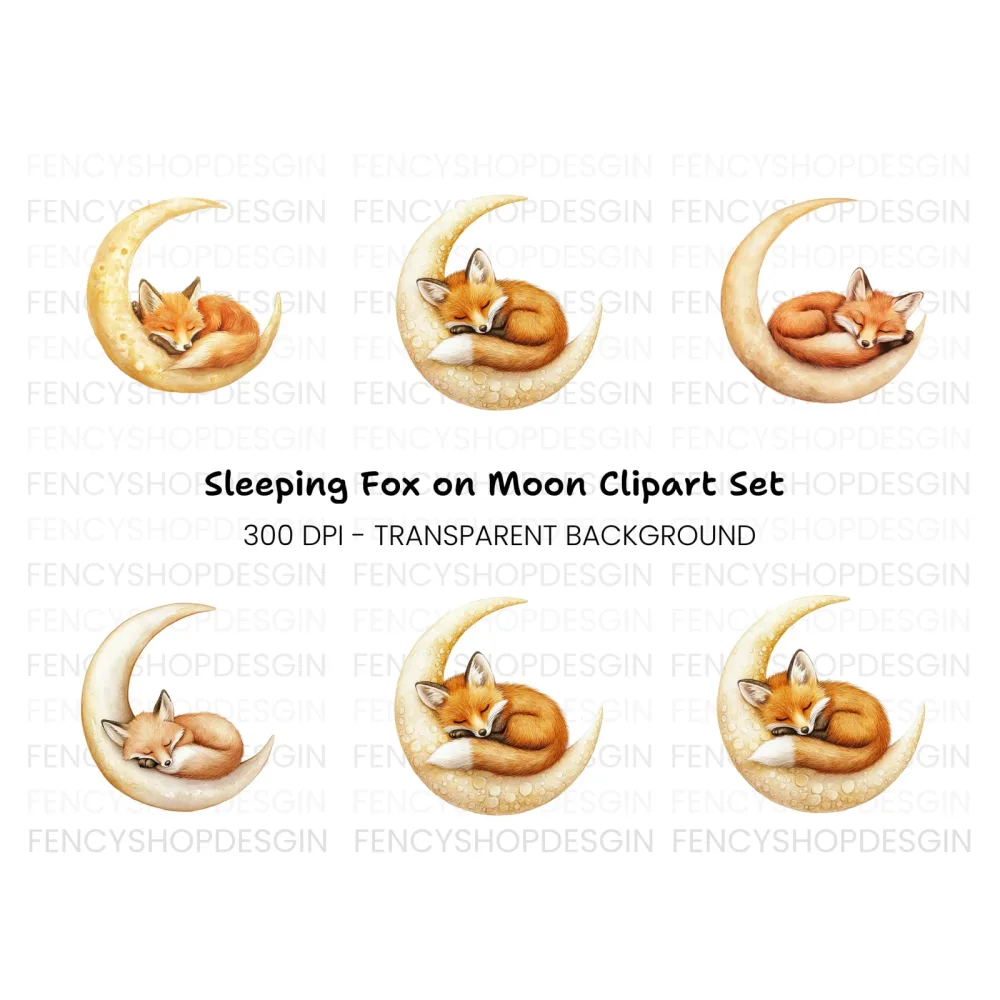 Three Sleeping Foxes on Moon Clipart Bundle