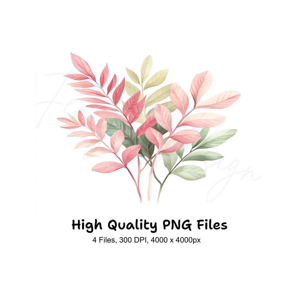 Soft Pink Green Foliage Clipart Bundle